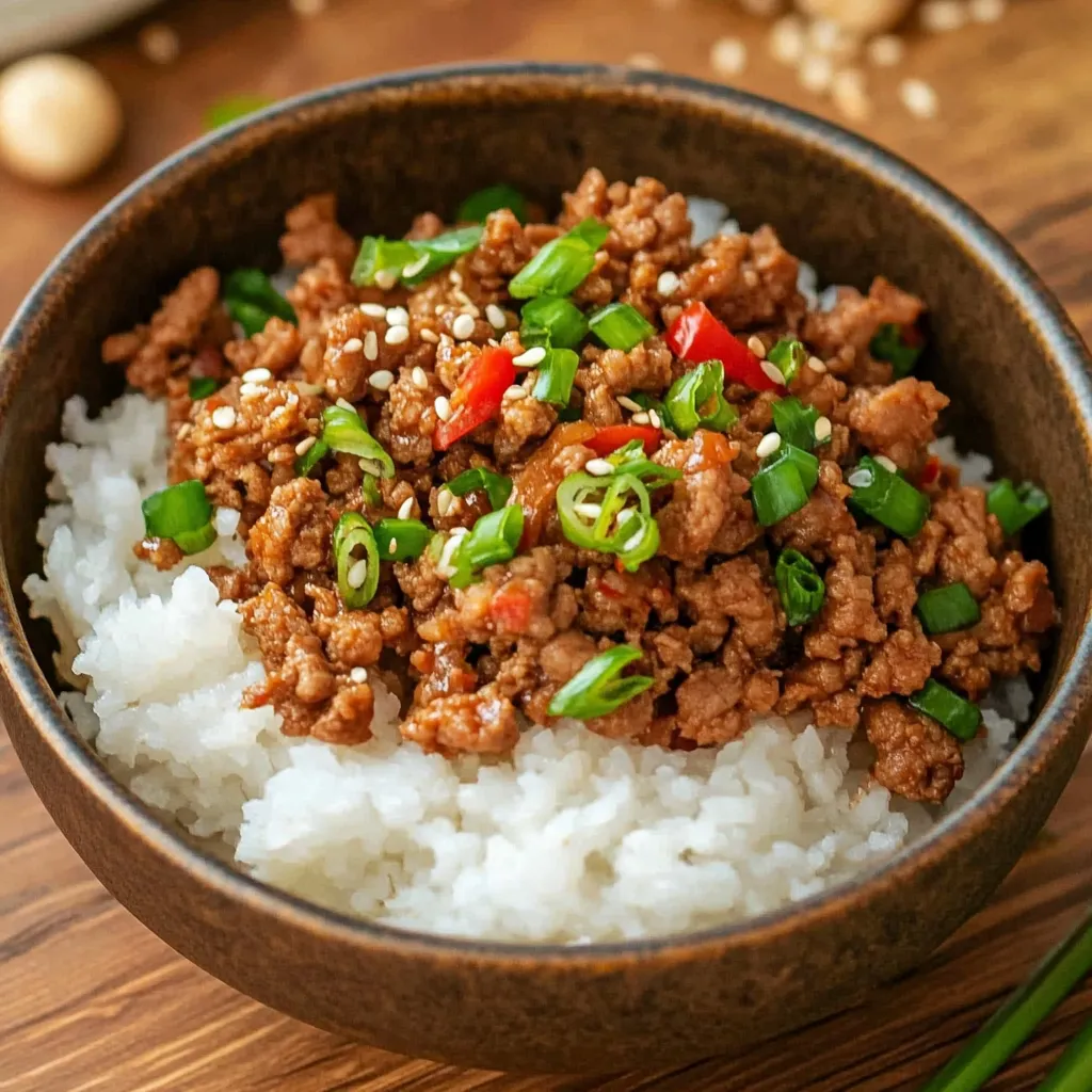 A vibrant mixture of seasoned turkey over steaming rice with colorful spices.
