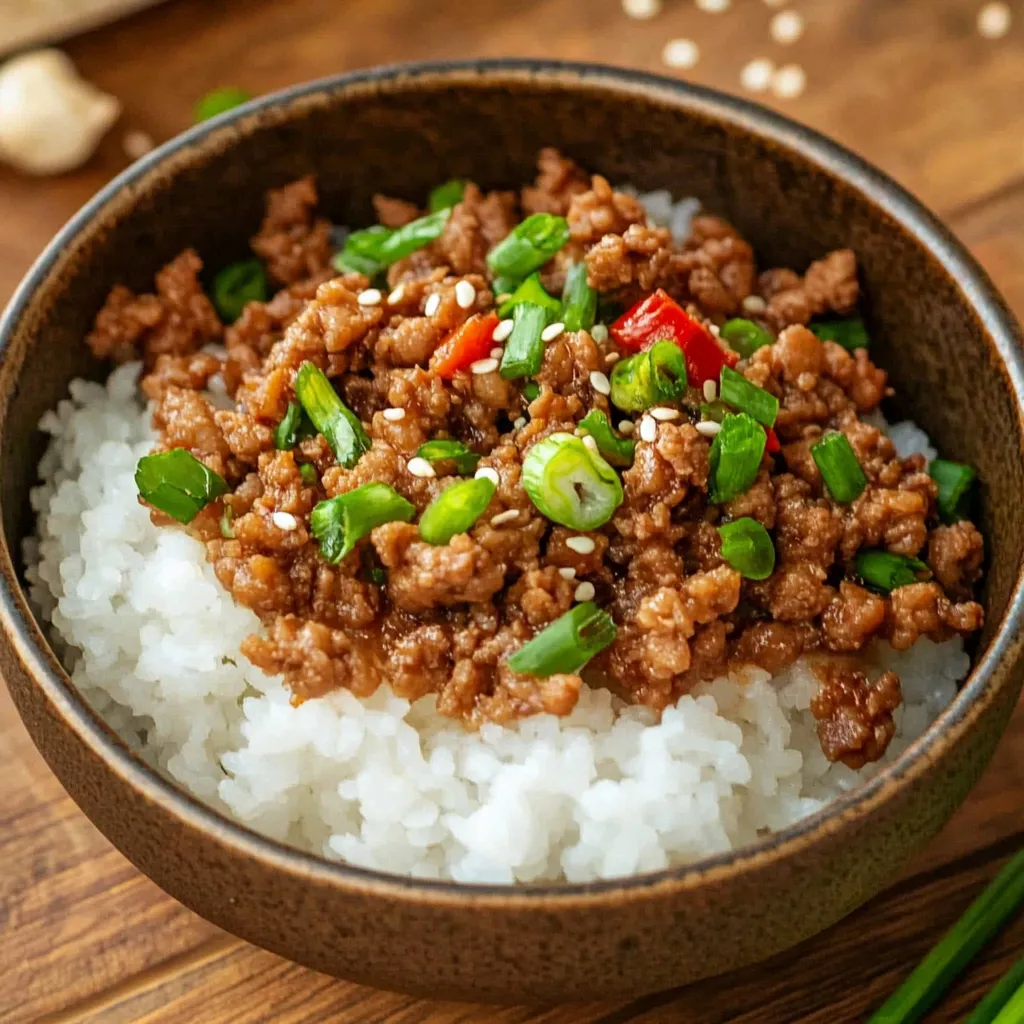 A steaming bowl of turkey and rice topped with green herbs and seasonings.