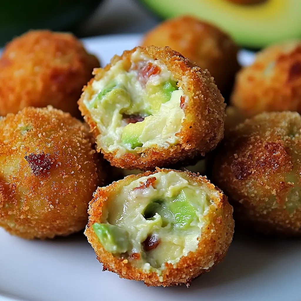 Tasty crispy balls of cream cheese, avocado, and bacon, great for snacks or appetizers.