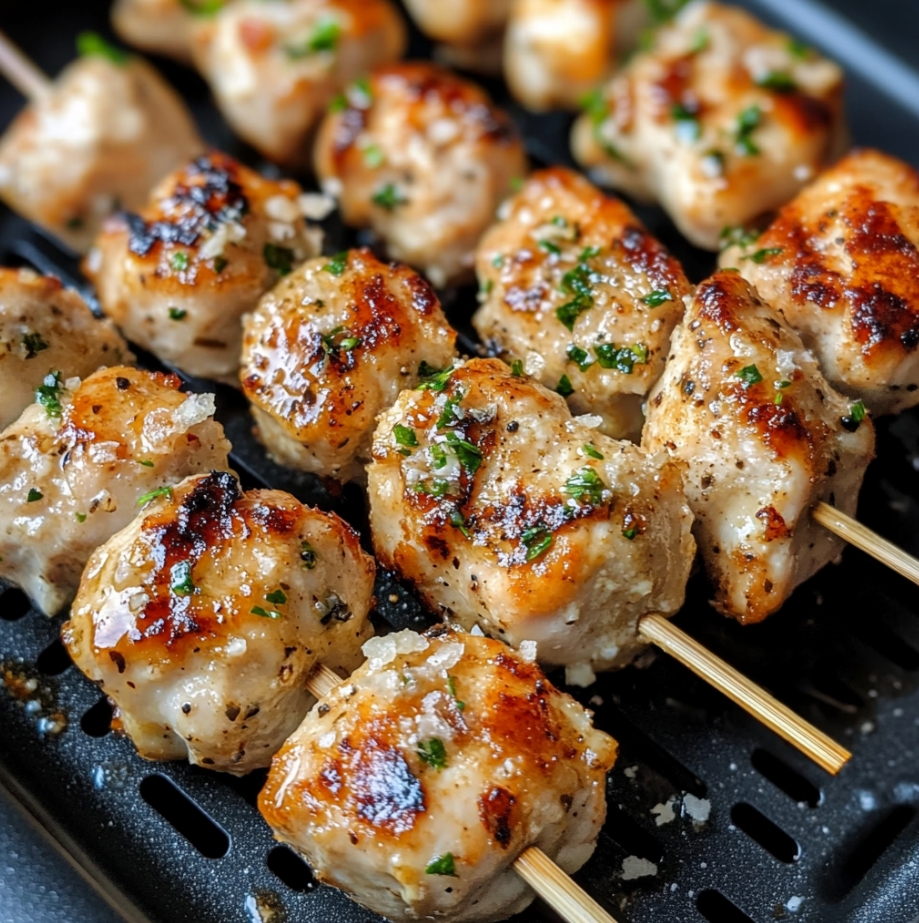 Flavorful grilled chicken skewers topped with fresh herbs.