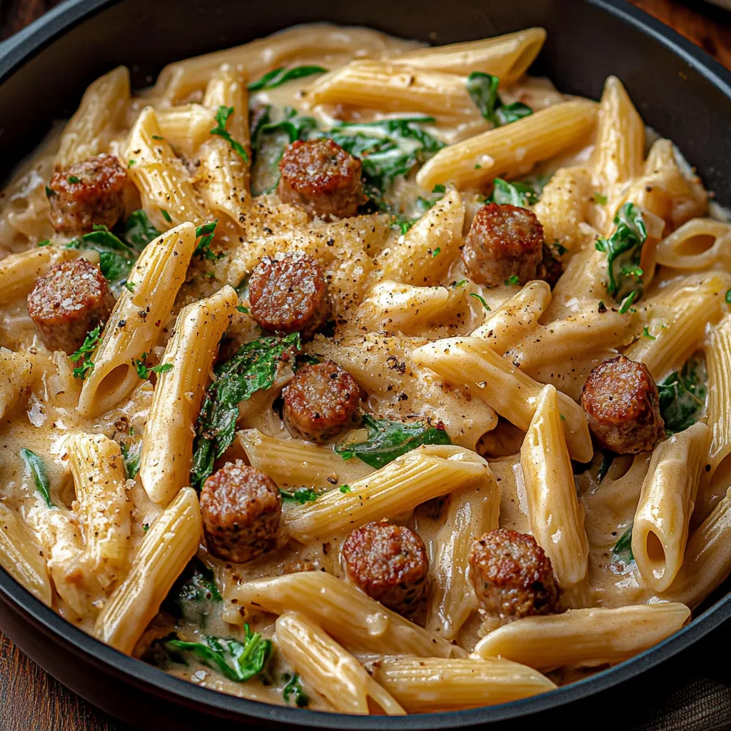 A skillet showcasing a colorful mix of Cajun pasta, sausage, and creamy sauce for a hearty meal.