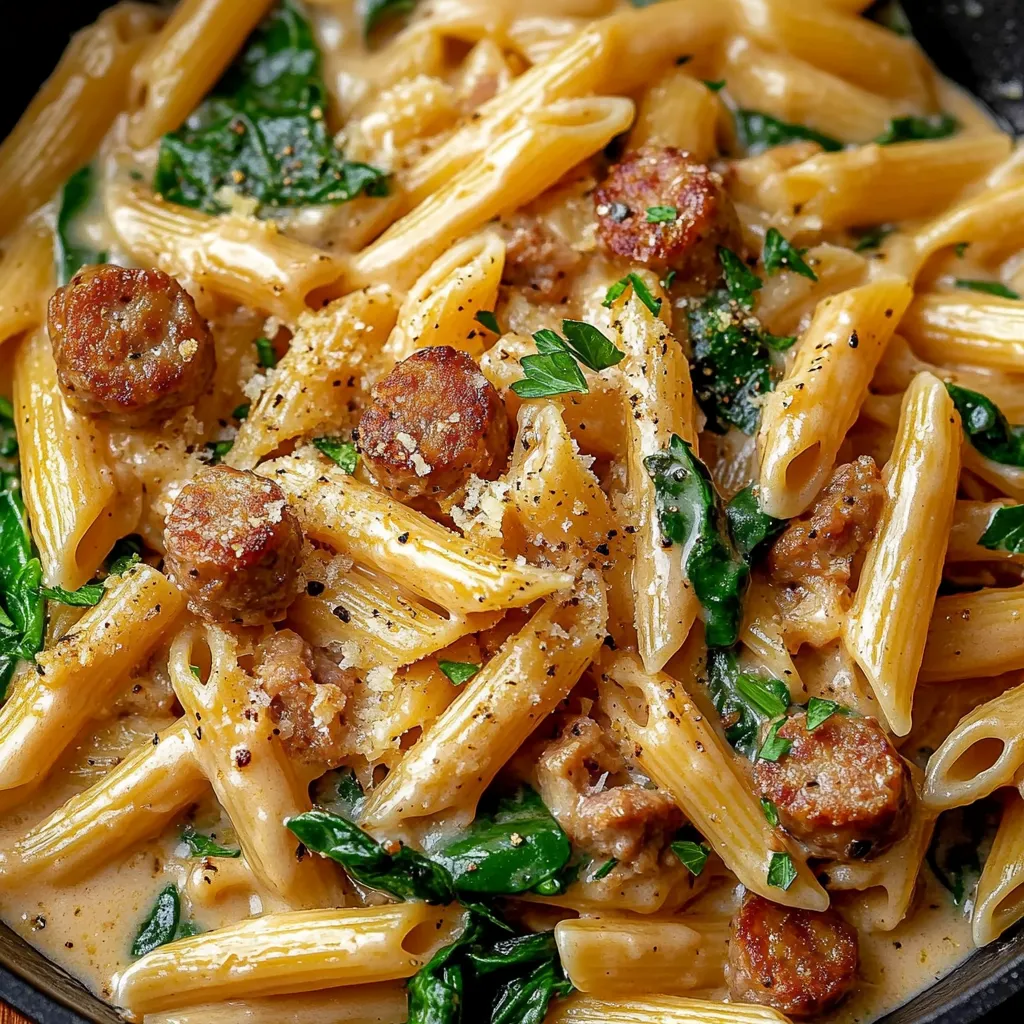A pan full of spicy sausage pasta showing a rich mix of meat, noodles, and seasonings ready to eat.