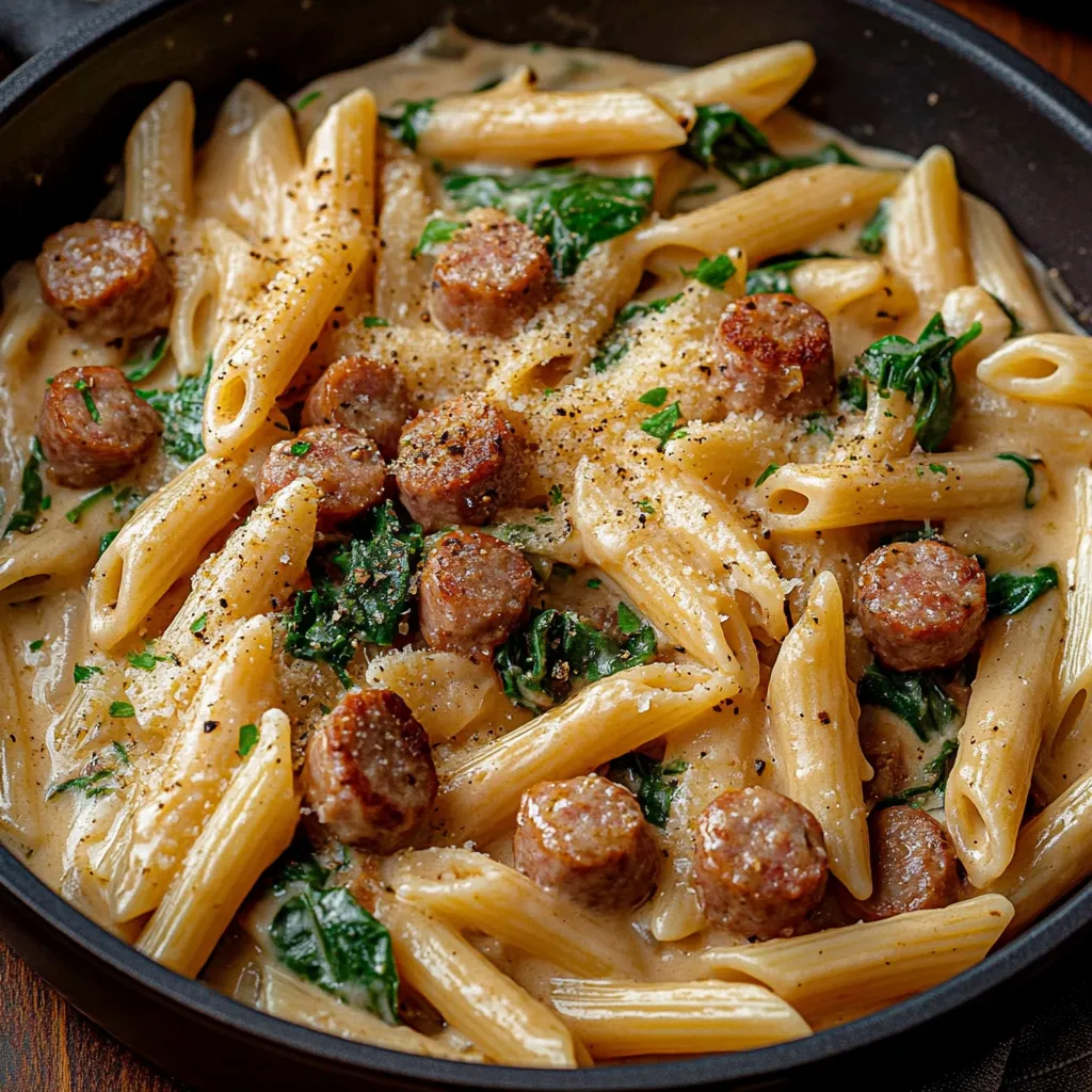 A mouthwatering pan of spicy sausage pasta.
