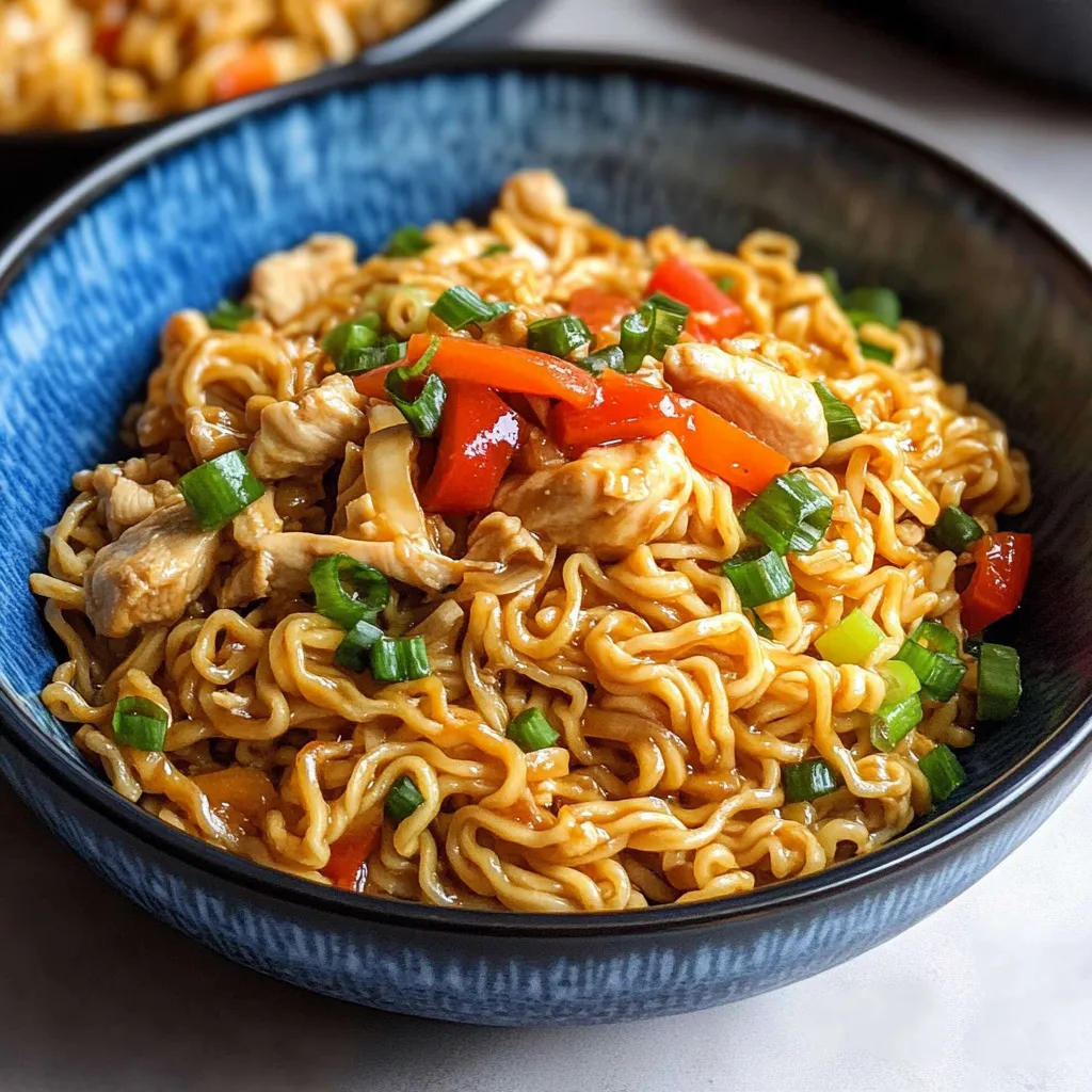 A colorful bowl of chicken stir fry and ramen with vibrant veggies.
