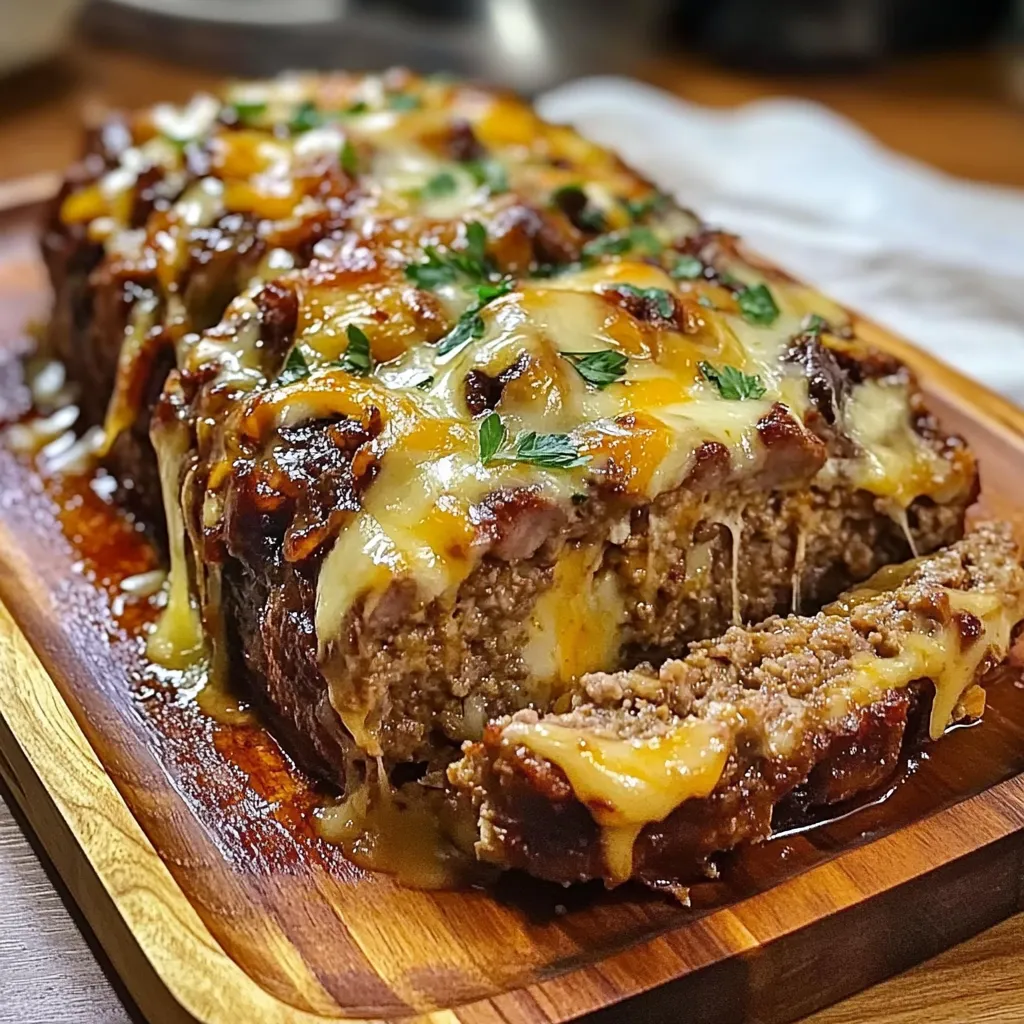 A juicy meatloaf loaded with Philly cheesesteak ingredients, featuring seasoned beef, melty cheese.