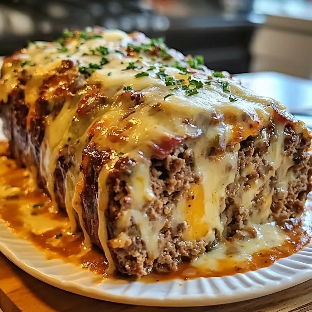 Homestyle meatloaf with Philly cheesesteak elements, showcasing juicy beef, melted cheese.