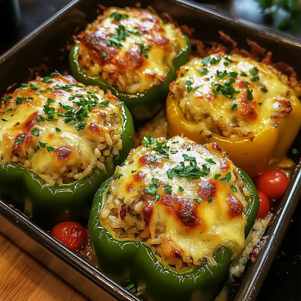 Up-close view of rice-filled bell peppers ready to eat.