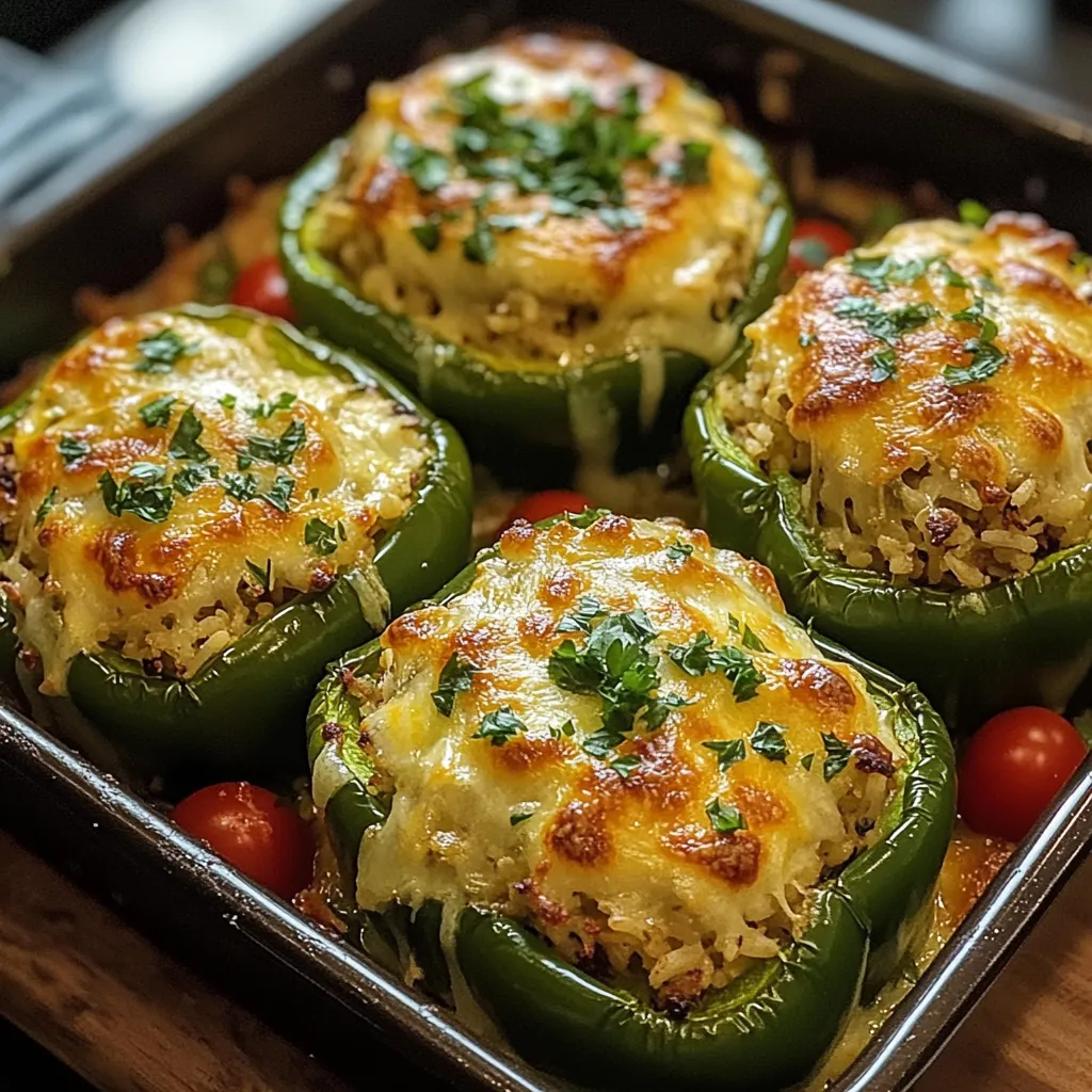 Rice-filled bell peppers topped with fresh herbs.
