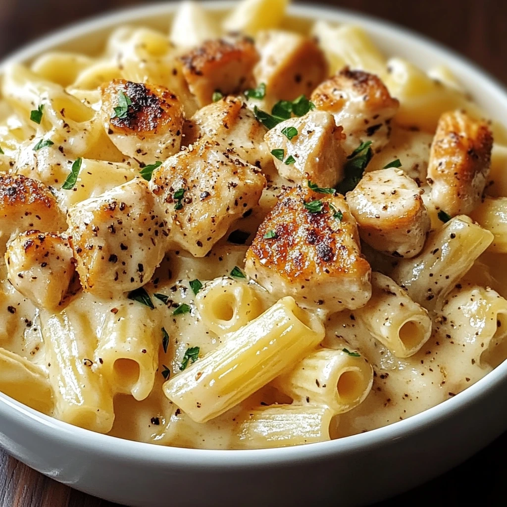 Delicious garlic butter chicken pieces and creamy Parmesan pasta creating a mouthwatering meal.