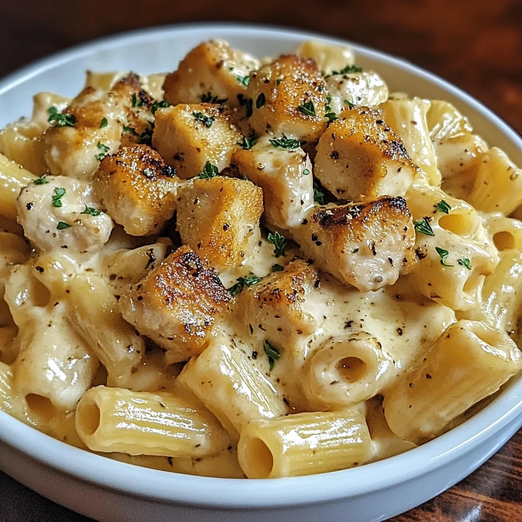 Juicy garlic butter chicken pieces and rich Parmesan pasta creating a comfort food classic.