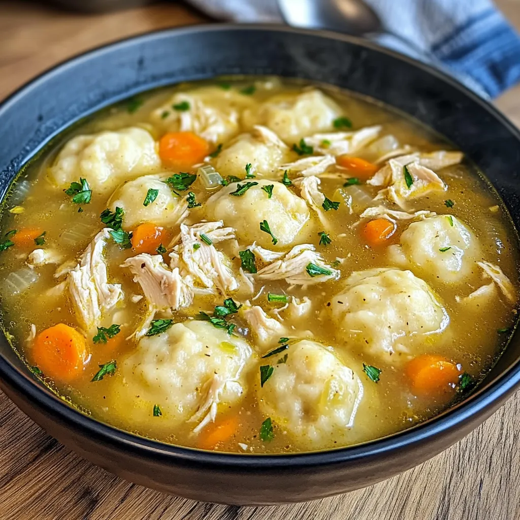 Close-up of warm Chicken Dumpling Soup.
