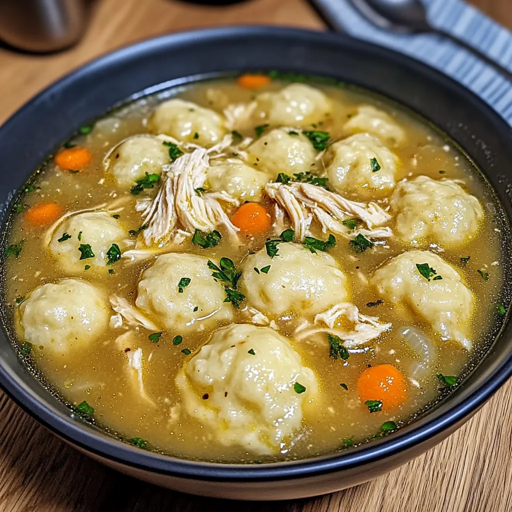 A comforting bowl of chicken dumpling soup.
