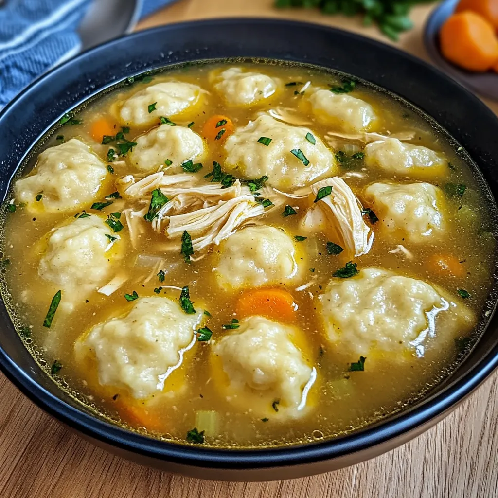 A delicious bowl of chicken dumpling soup.