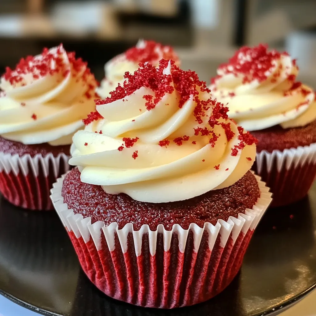 Mouthwatering Southern red velvet cupcakes with cheesecake centers, topped with smooth frosting and fun sprinkles for a sweet treat.
