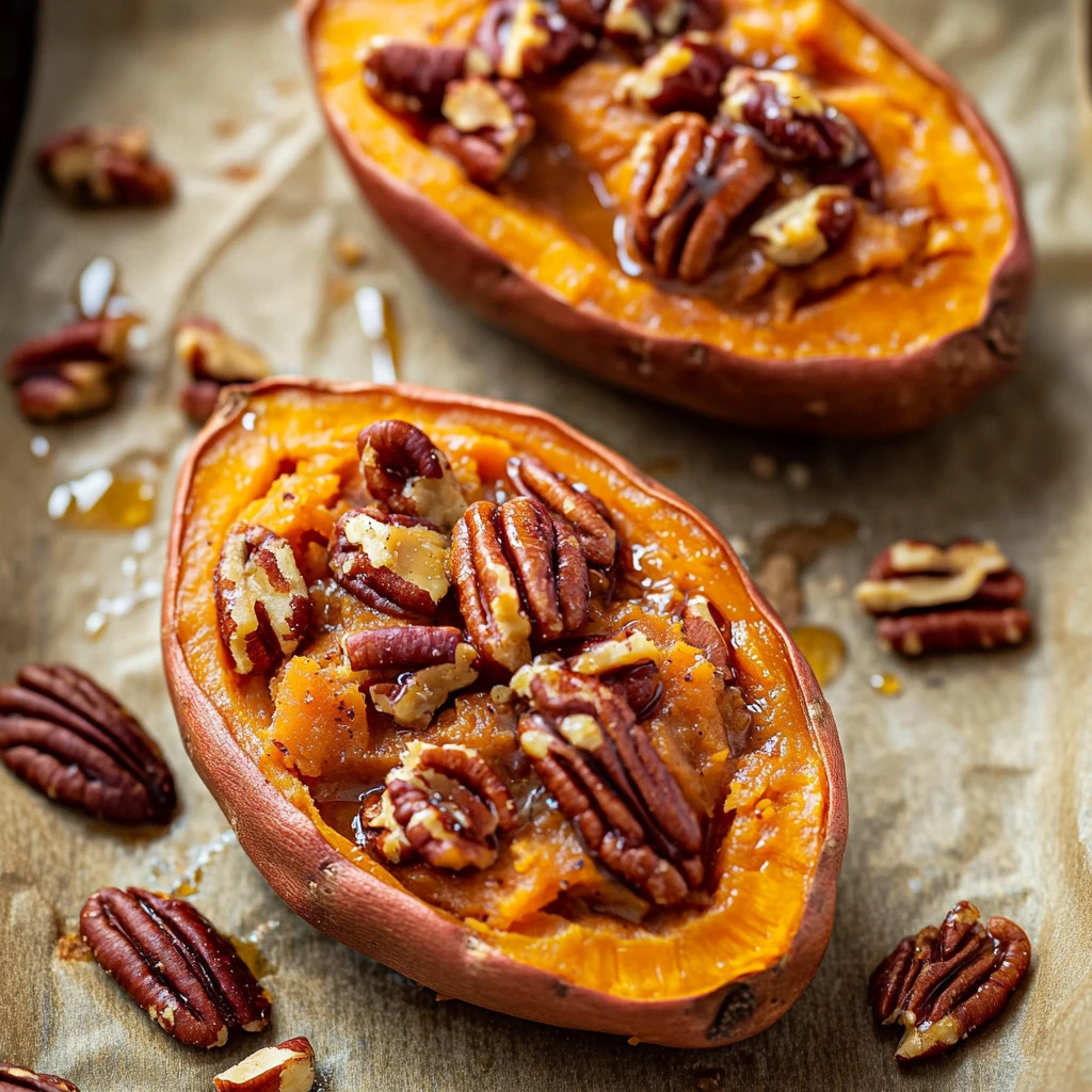 Golden, herb-topped twice-baked sweet potatoes on a white plate.