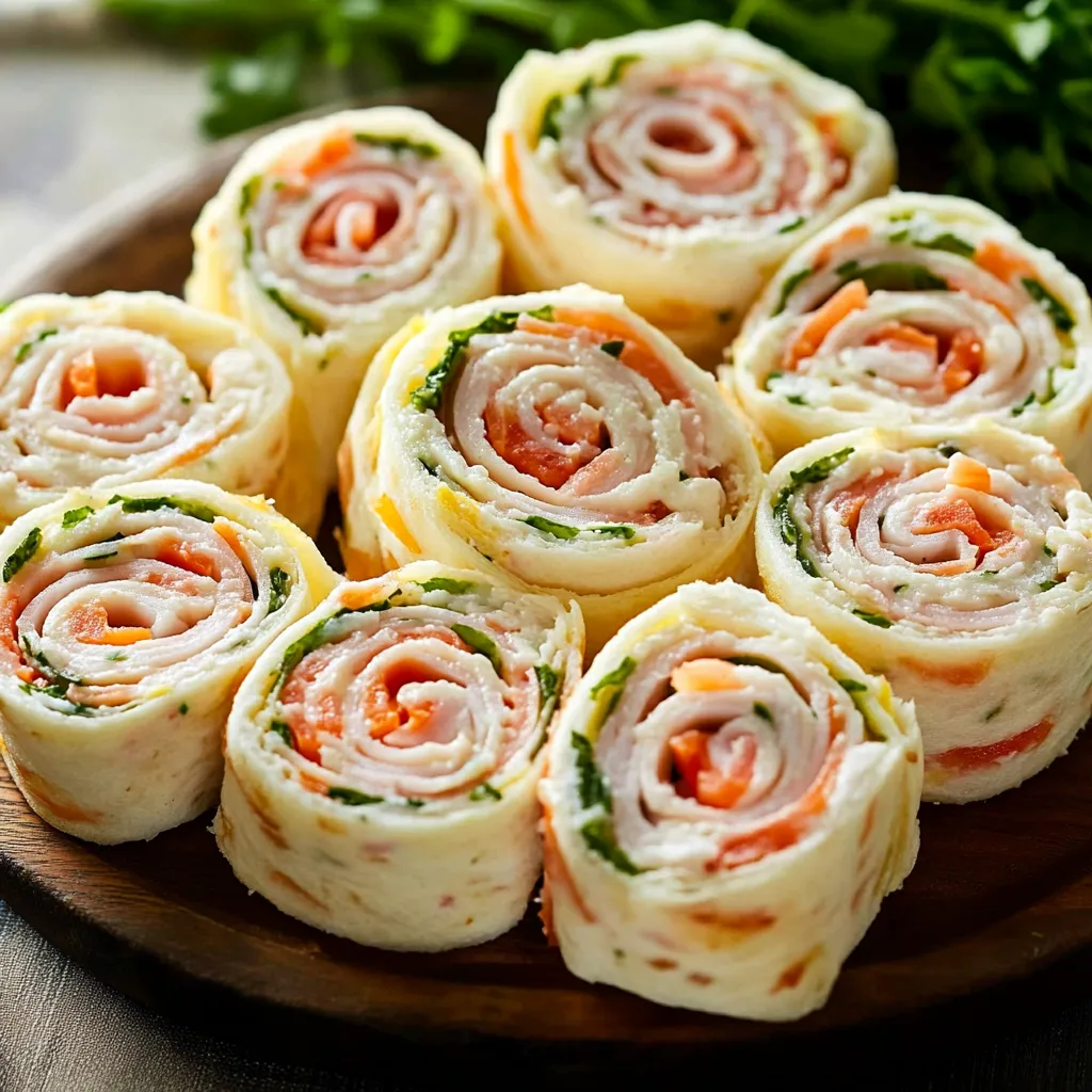 A close-up of pinwheel sandwiches highlighting colorful fillings wrapped in tortillas.