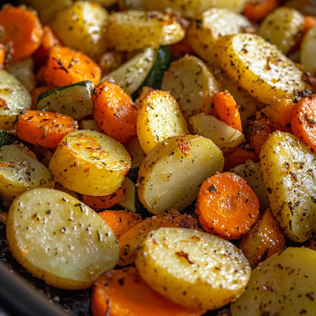 A colorful plate showing golden-brown potatoes with carrots and zucchini, all roasted with garlic and herbs.