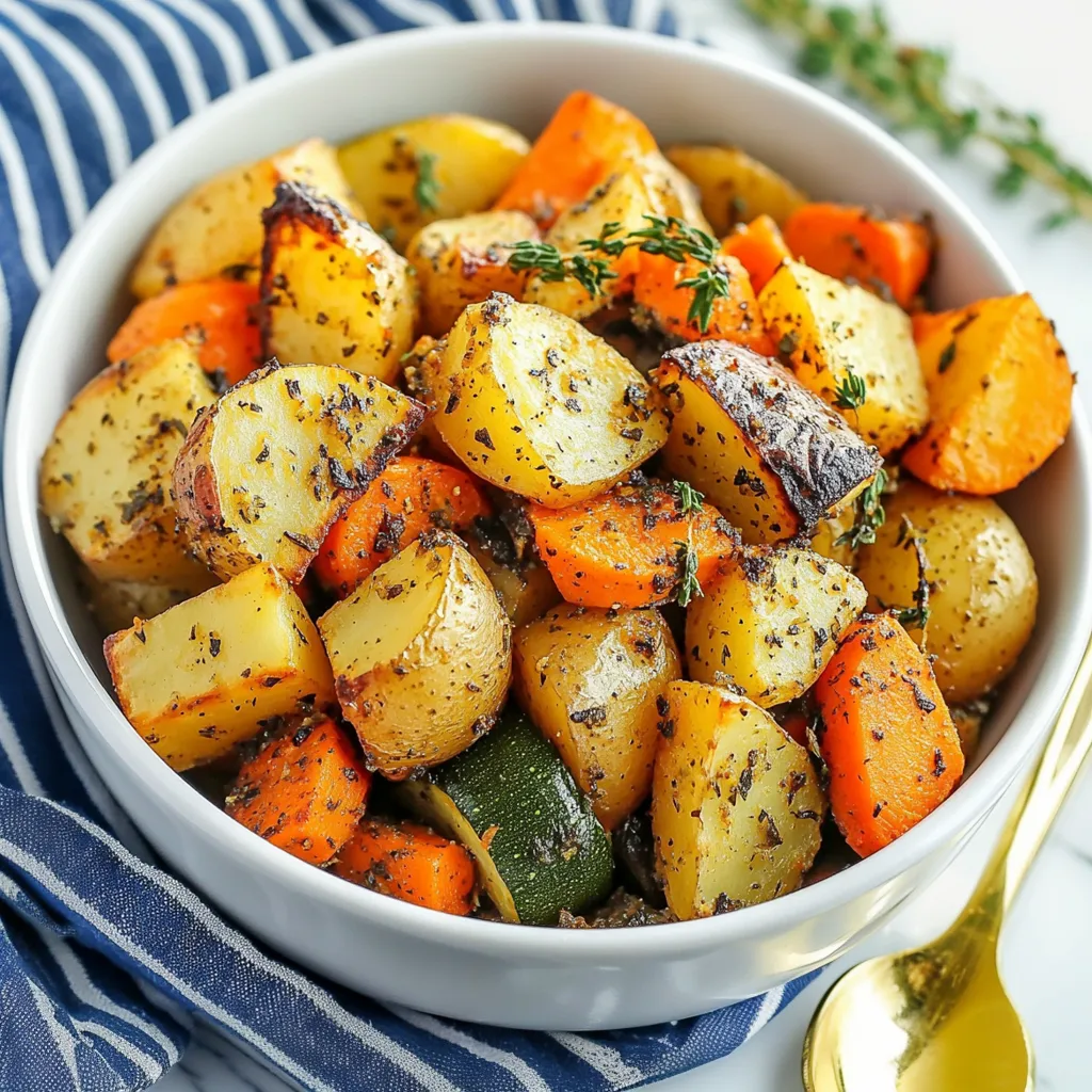 A gorgeous bowl filled with colorful roasted potatoes, carrots and zucchini showing off their delicious roasted texture.