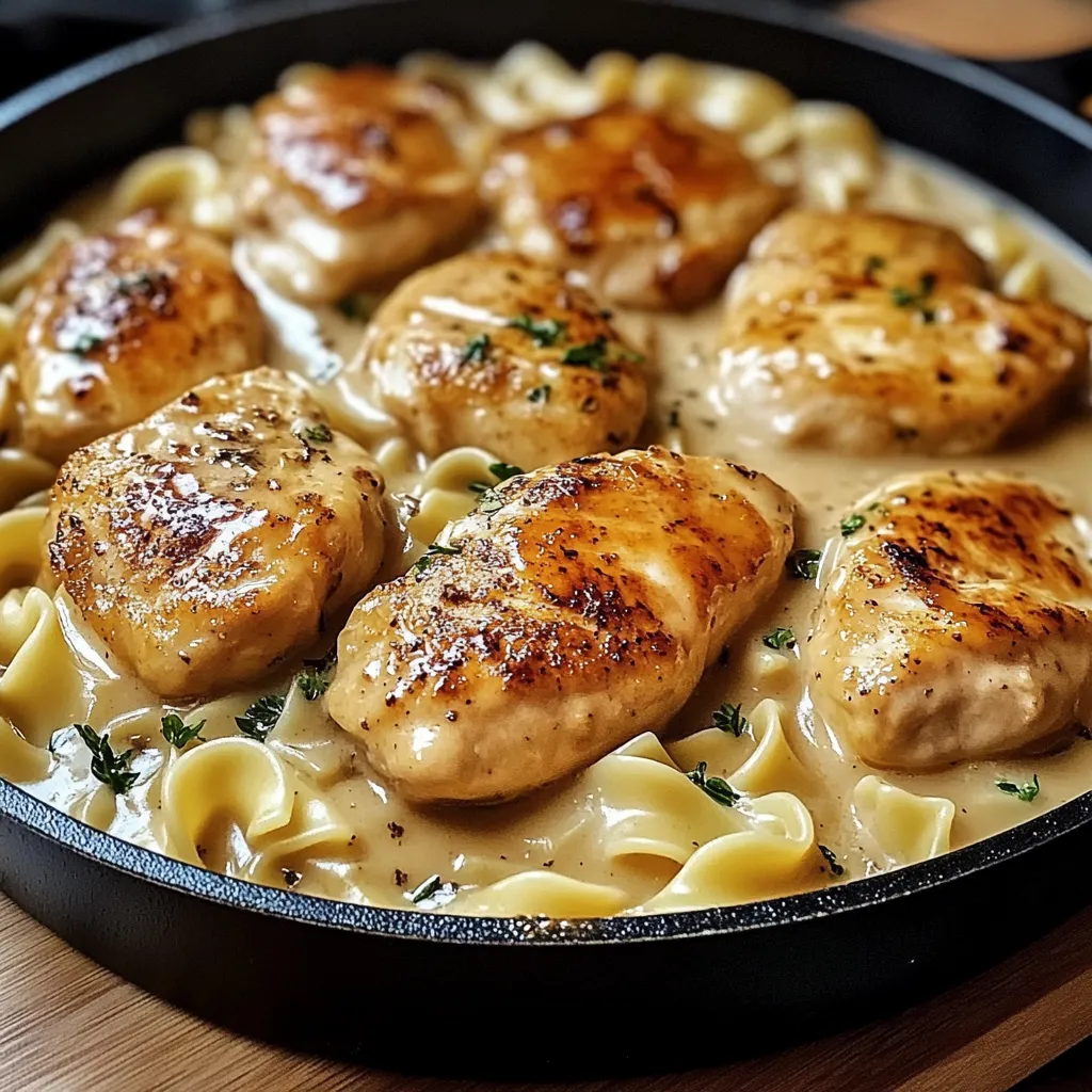 Zoomed-in view of a colorful, buttery one-pan chicken and noodle dish, vibrant and textured.