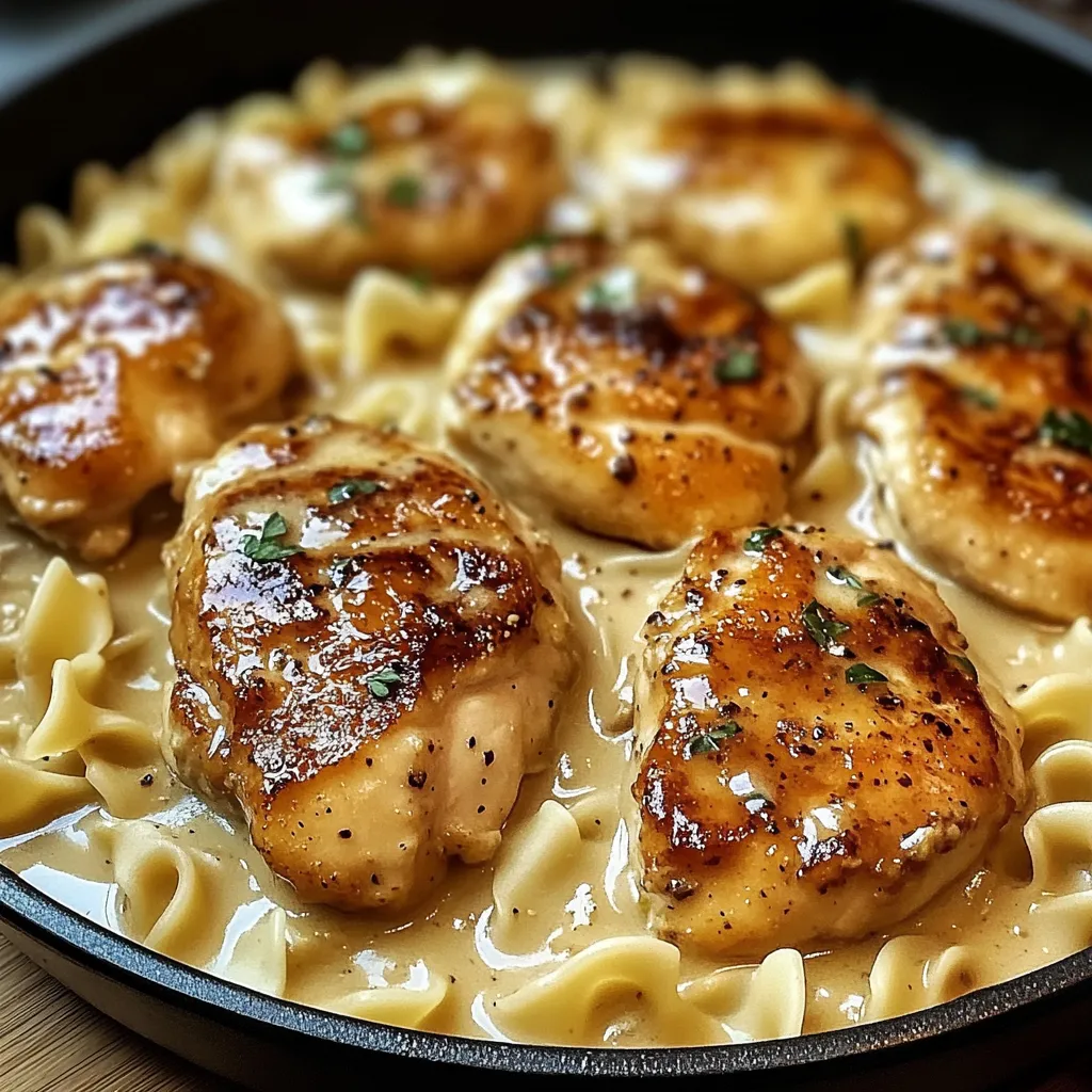 Close-up image of one pan chicken with buttered noodles, emphasizing the savory chicken and creamy noodle texture.