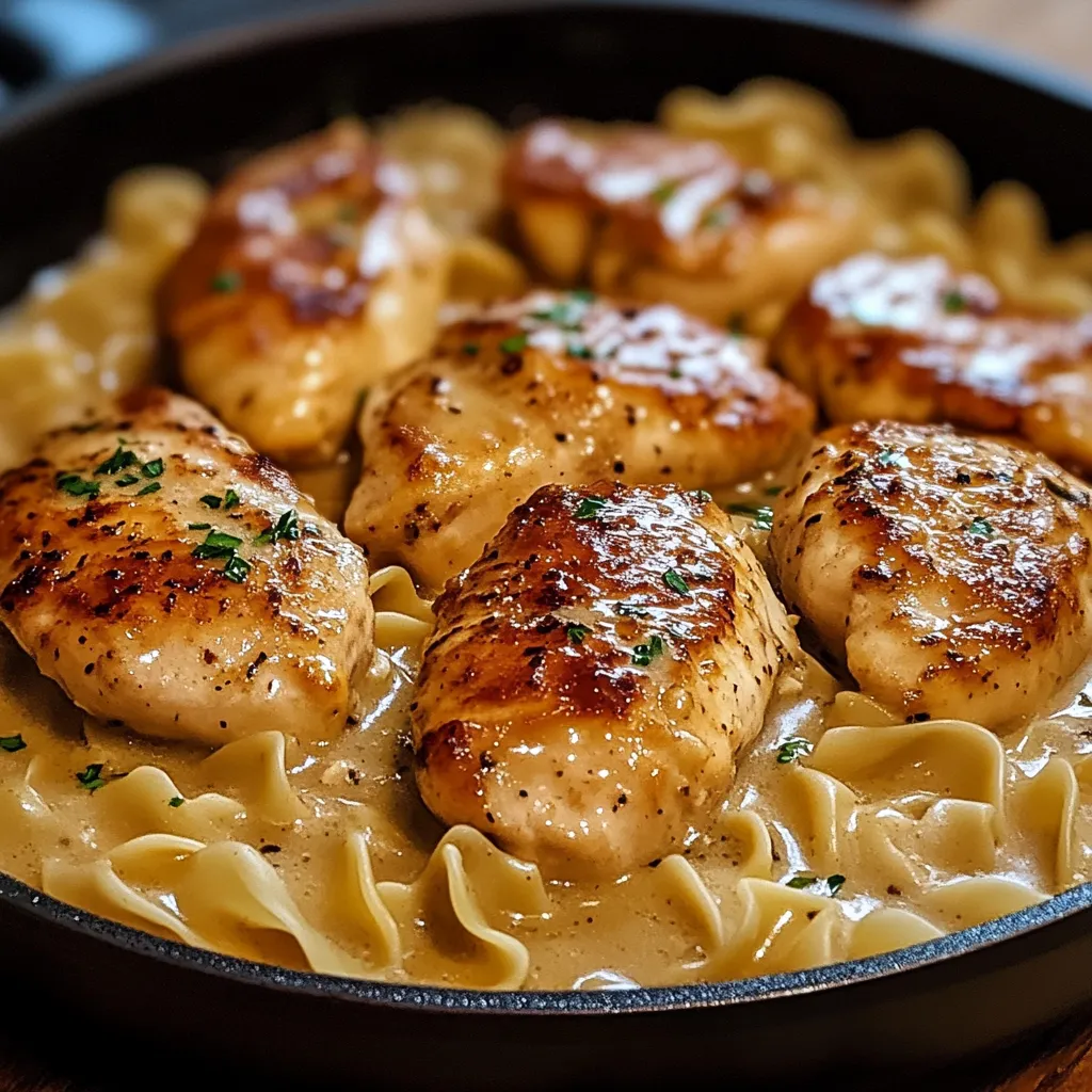 Detailed close-up of one pan chicken served with buttered noodles.
