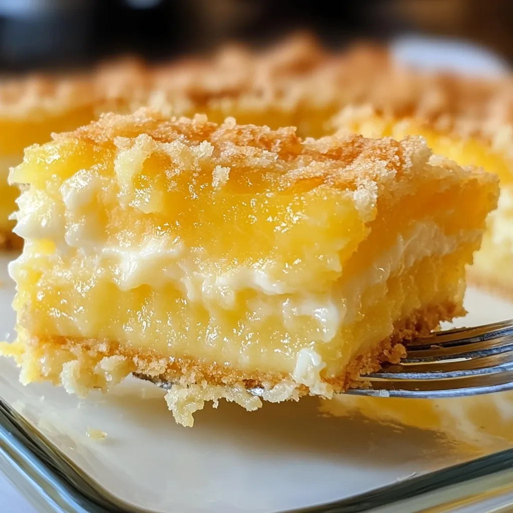 Golden lemon cake with cream cheese filling and crunchy top layer.