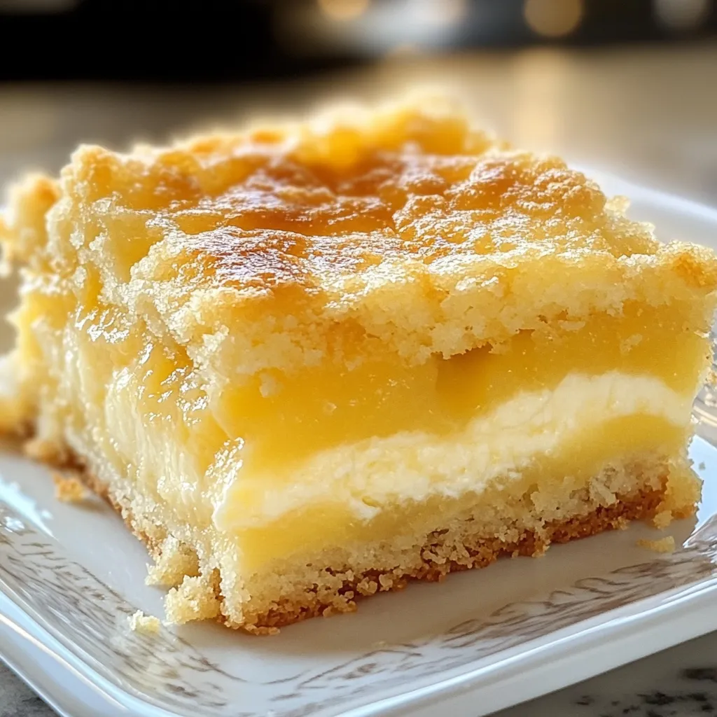 A piece of lemon cream cheese dump cake showing its luscious, creamy texture and bright citrus flavor, presented on a white dish.