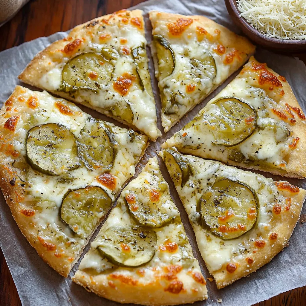 A cheesy pizza with tangy pickles and a golden crust.