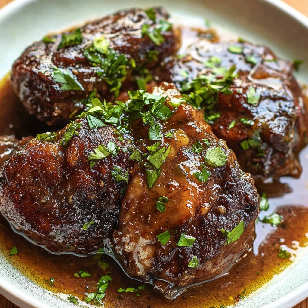 Delicious beef cheek dish shown up close, highlighting the juicy meat and thick, flavorful sauce.
