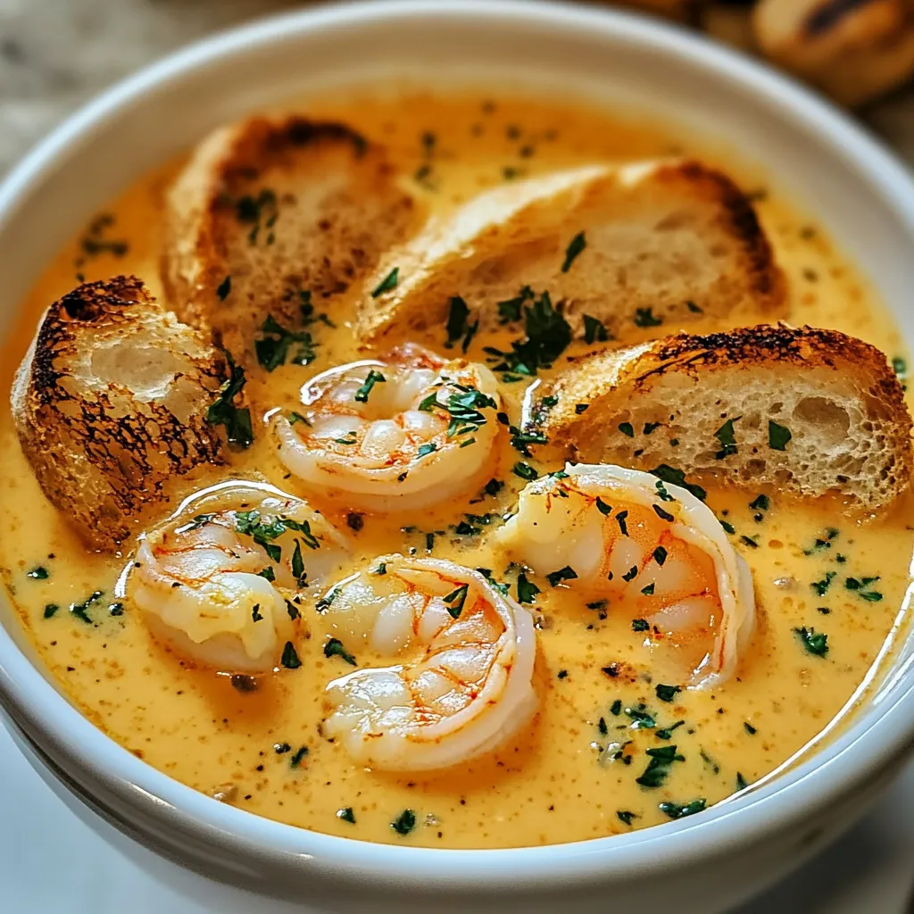 A close-up of a creamy crab and shrimp bisque in a bowl.