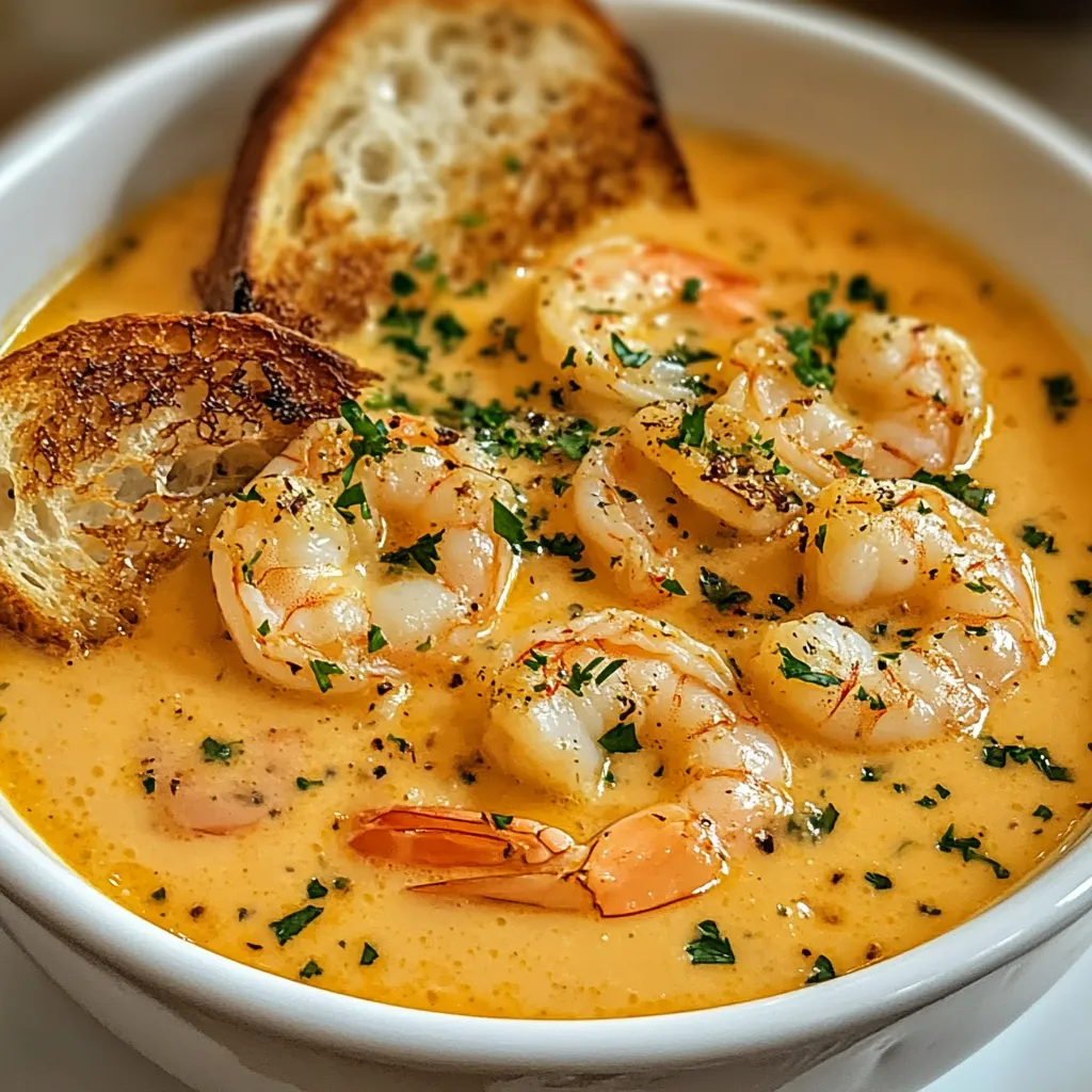 A close-up of a bowl of crab and shrimp bisque, displaying its creamy appearance and garnished with herbs.
