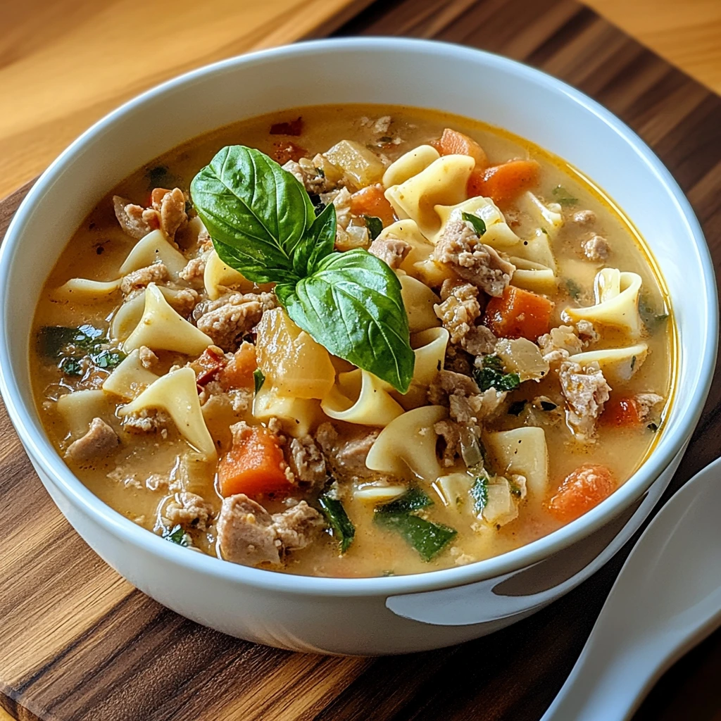Silky Alfredo lasagna soup with tender pasta, melty cheese, and rich broth, topped with fresh herbs.