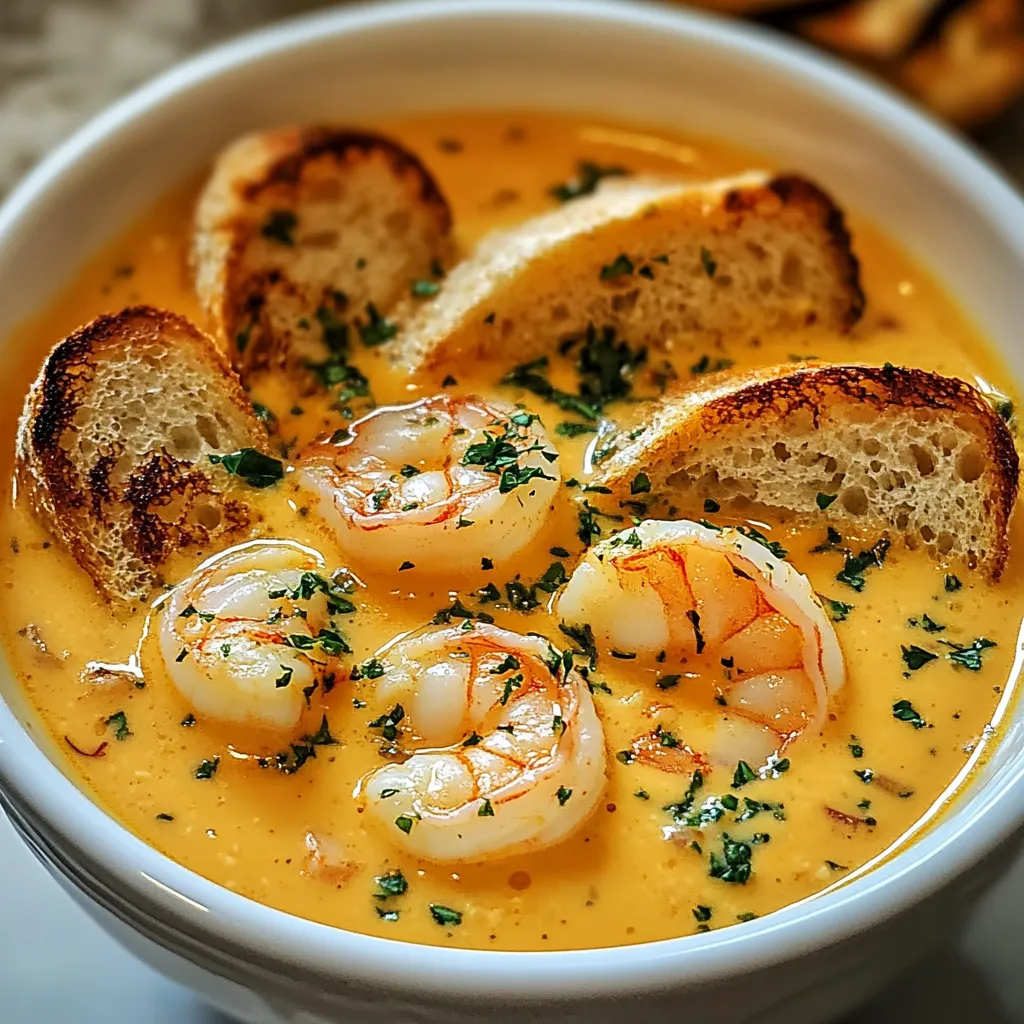 Close-up image of a bowl of seafood bisque featuring crab and shrimp, emphasizing its rich color and smooth texture.
