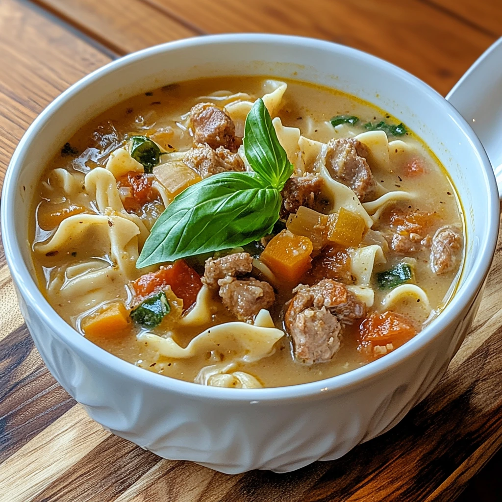 A bowl of Alfredo lasagna soup with pasta, cheese, creamy sauce, and fresh herbs on top.