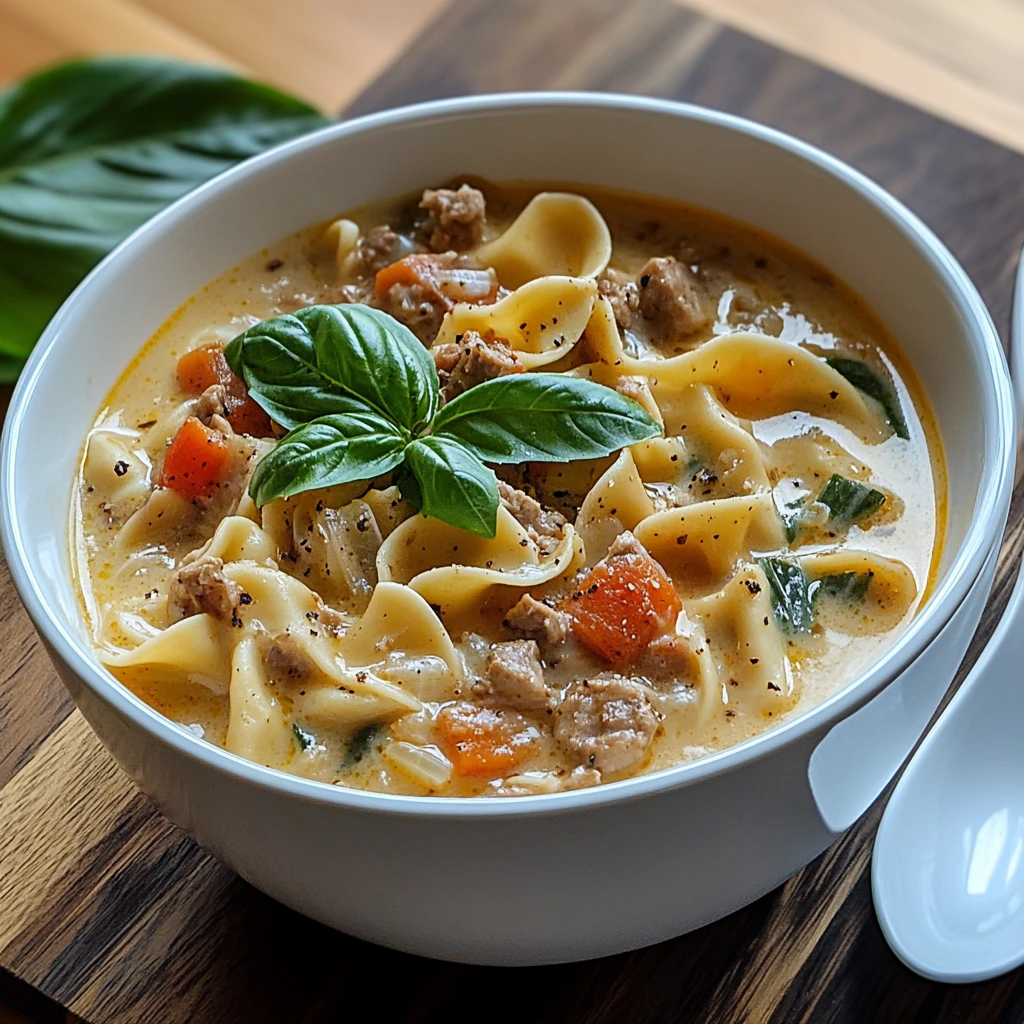 Hearty creamy Alfredo lasagna soup filled with pasta, melted cheese, and smooth sauce.