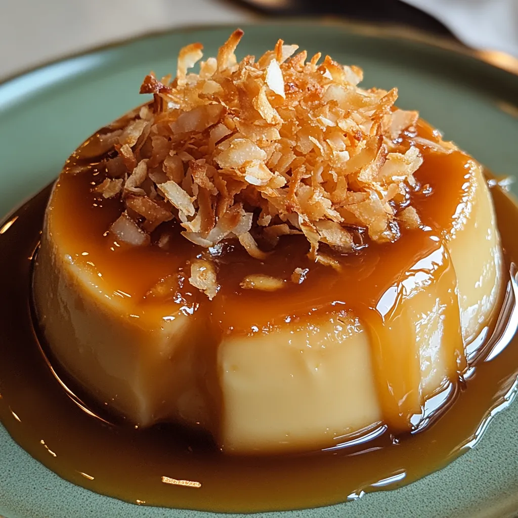 Flan made with coconut milk, topped with toasted coconut flakes and caramel drizzle.