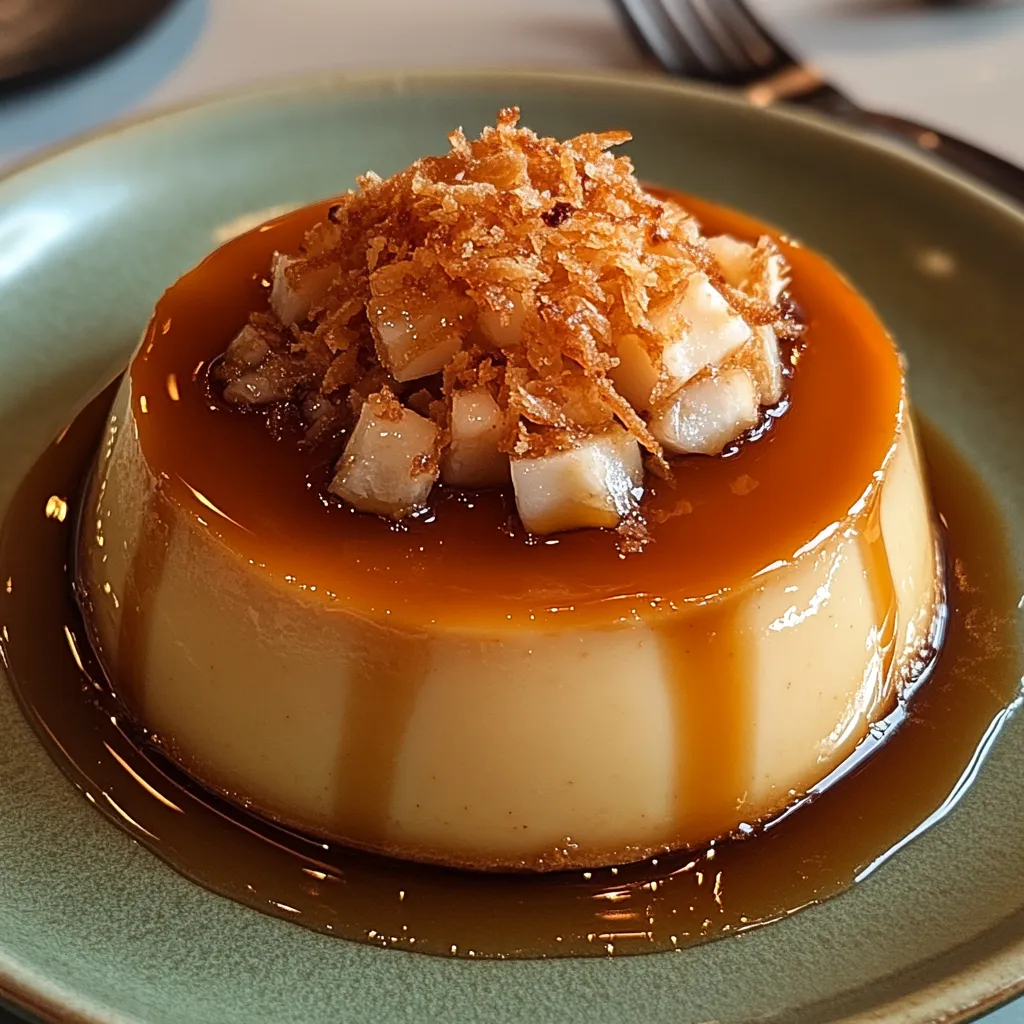 Creamy coconut caramel flan topped with crispy golden coconut shreds.