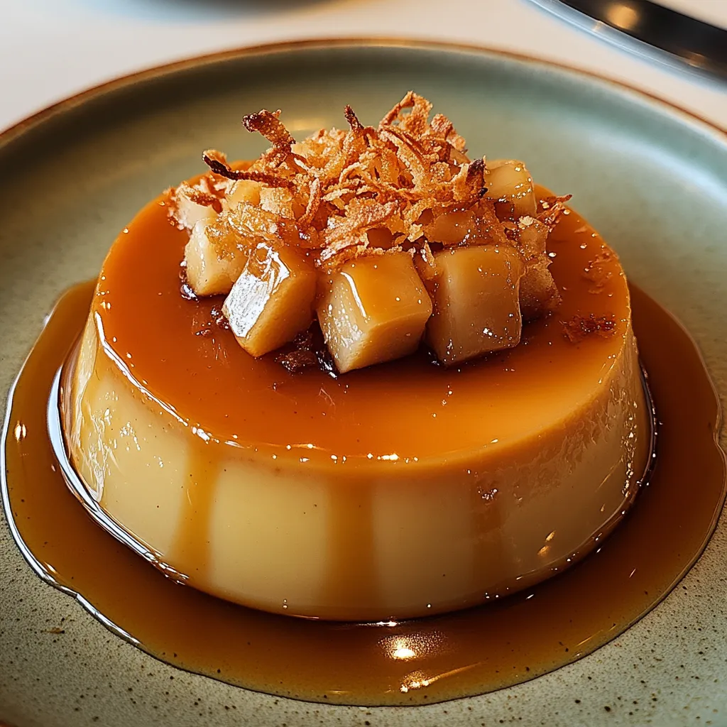A silky coconut caramel flan, beautifully decorated with crunchy toasted coconut pieces.
