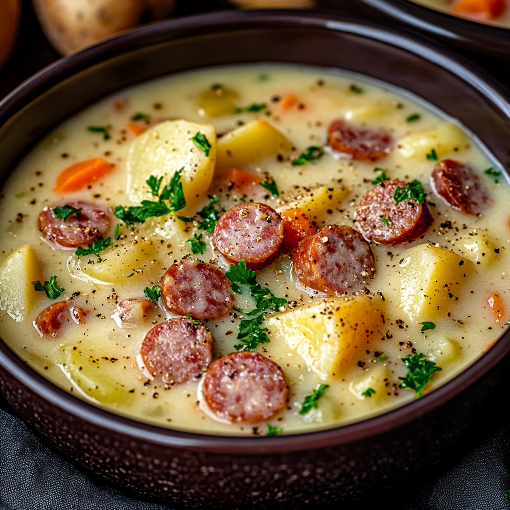 Warm bowl of smoky sausage and potato soup with herbs in a creamy broth.