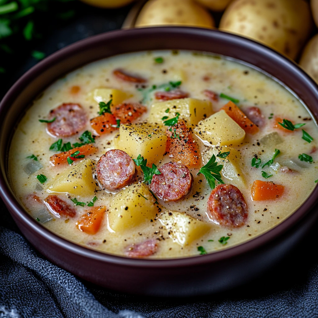 Steaming Kielbasa Potato Soup with chunks of potato and flavorful sausage in a creamy base.