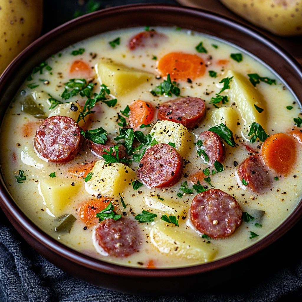 Hearty Kielbasa Potato Soup with tender potato chunks and savory sausage pieces in rich broth.