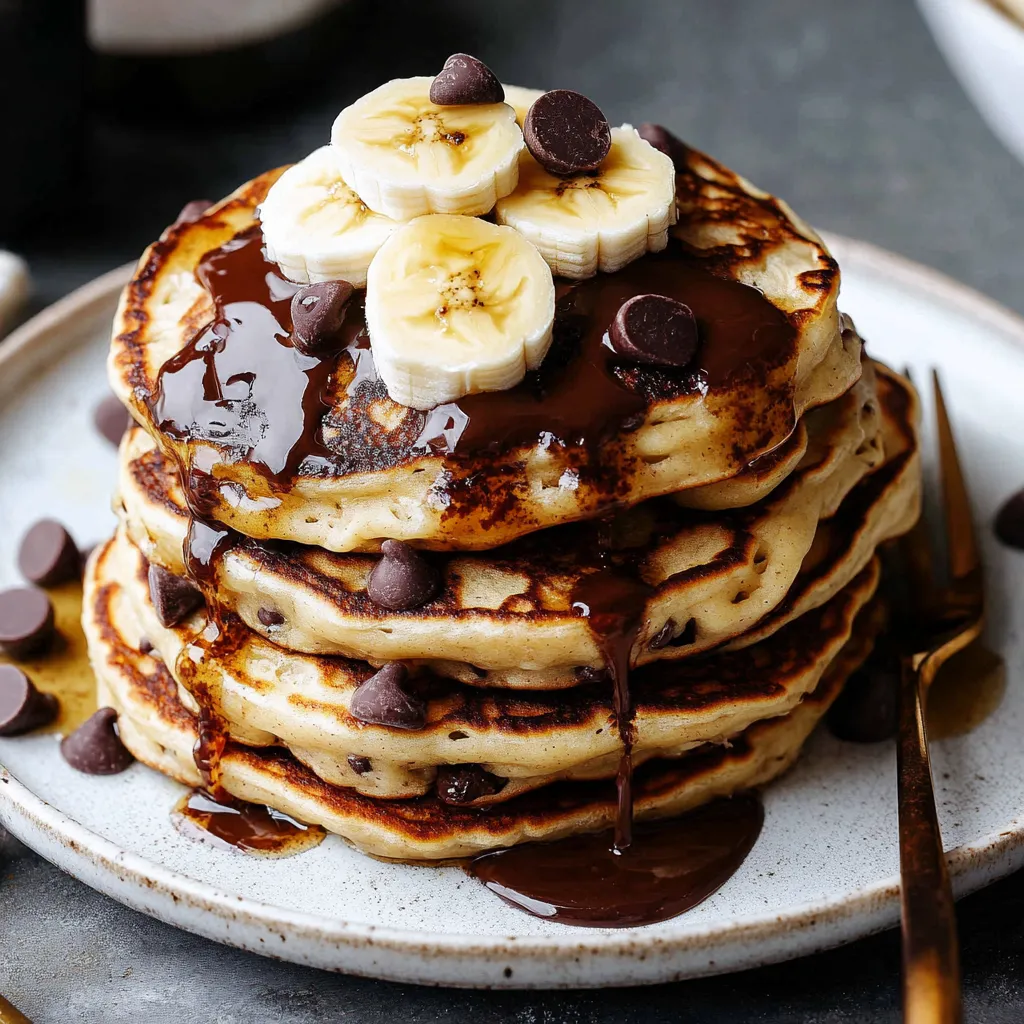 Beautiful golden banana pancakes loaded with chocolate chips, served with maple syrup and fresh banana chunks.