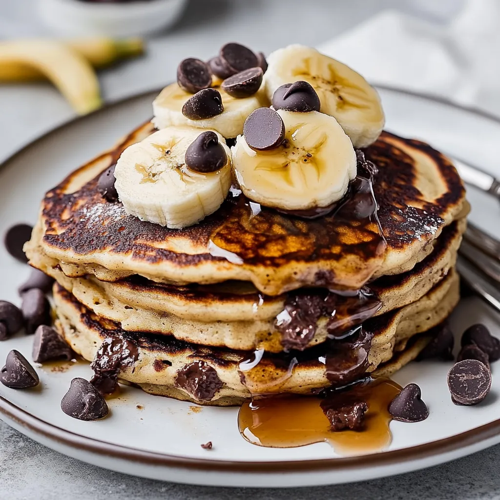 A mouth-watering stack of banana chocolate chip pancakes drizzled with syrup and topped with fresh banana slices.