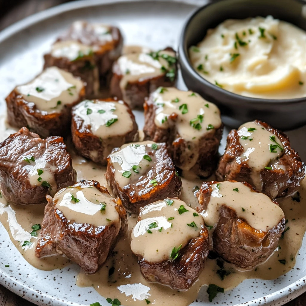 Buttery steak pieces in a parmesan garlic sauce, topped with elegance.