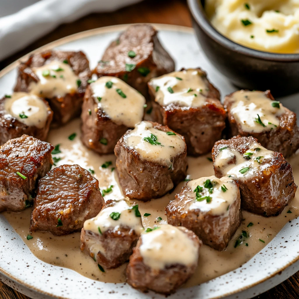 Juicy beef chunks cooked in garlic butter, drizzled with rich Parmesan cream.
