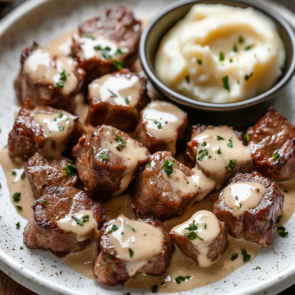 Succulent garlic steak chunks swimming in smooth Parmesan cream for a tasty meal.
