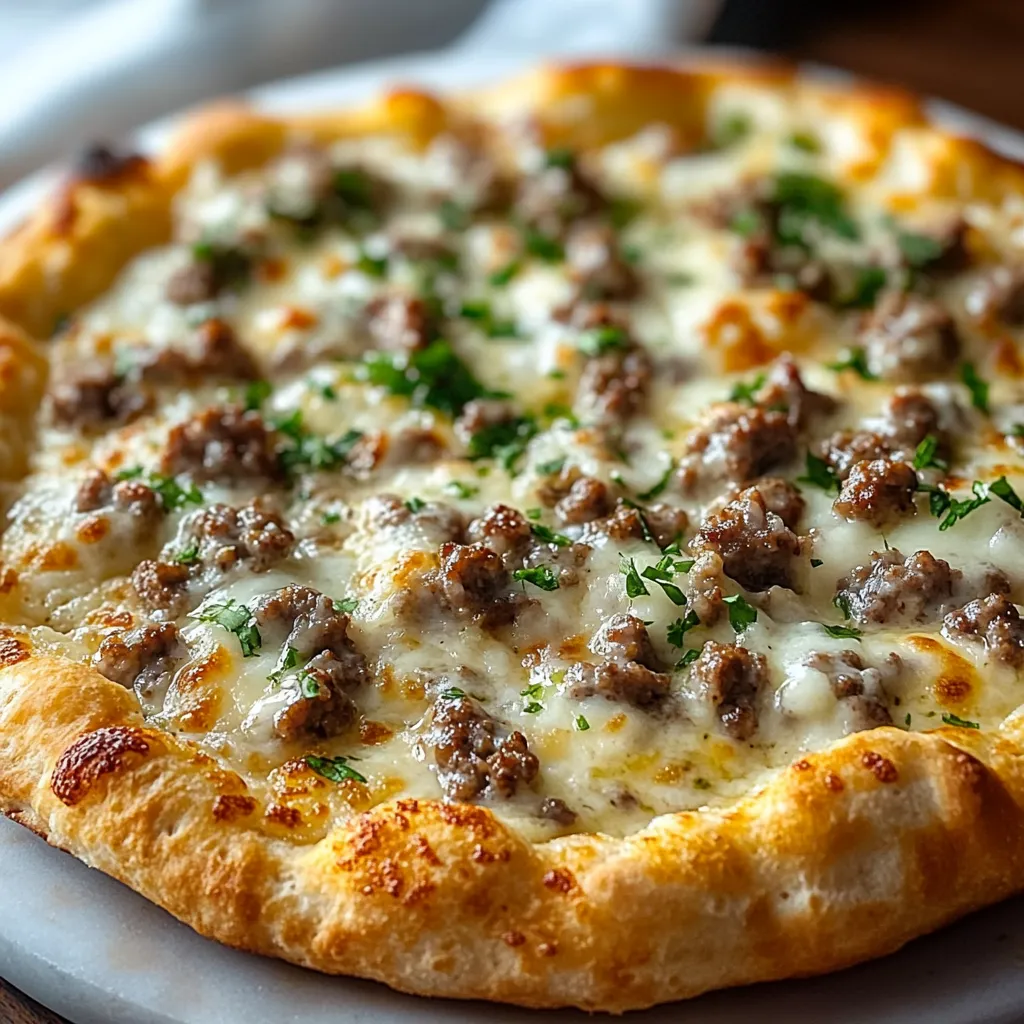 Close-up of a breakfast pizza smothered in sausage gravy.