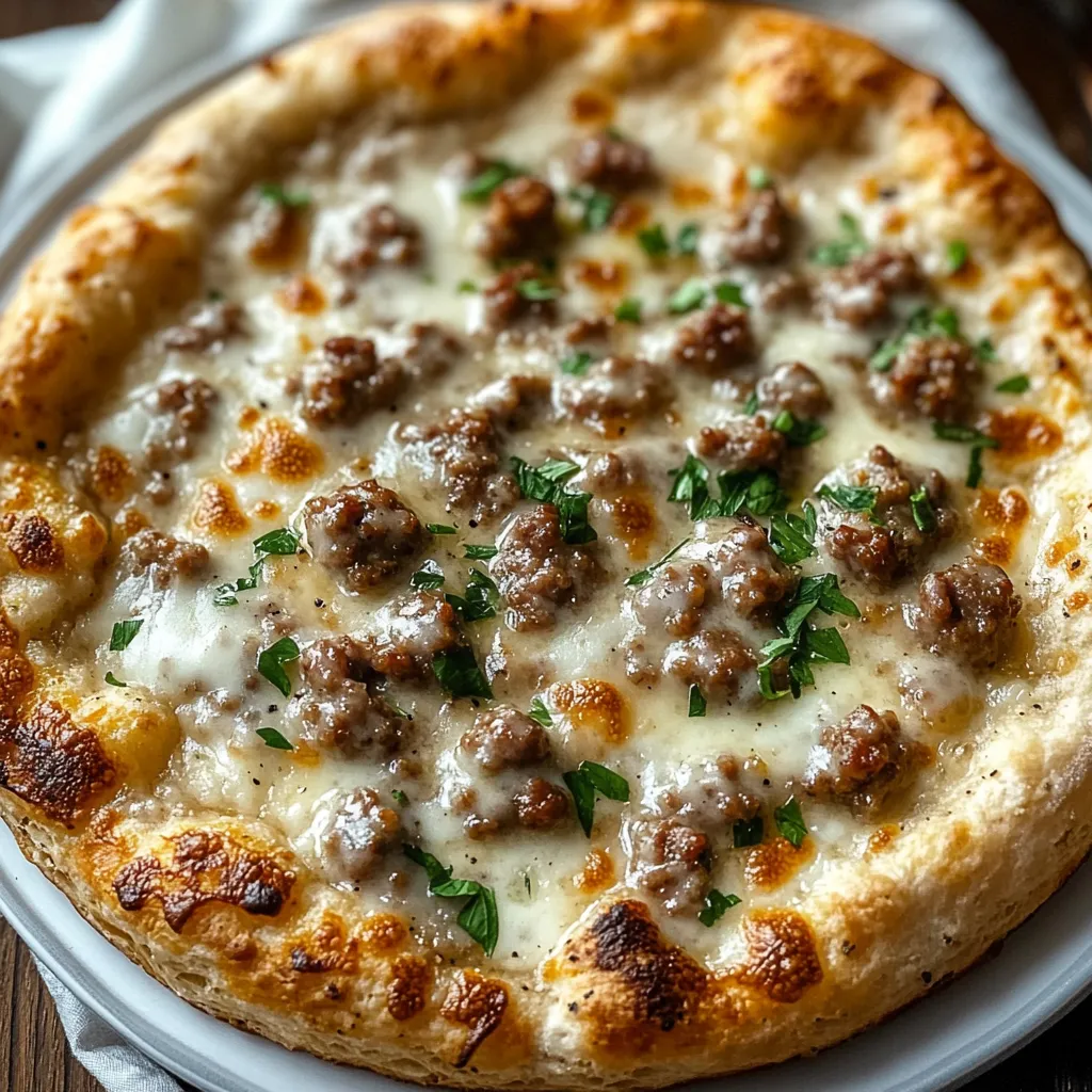 A delicious morning pizza with crumbly biscuit texture and thick sausage gravy, topped with green herbs on a white serving dish.