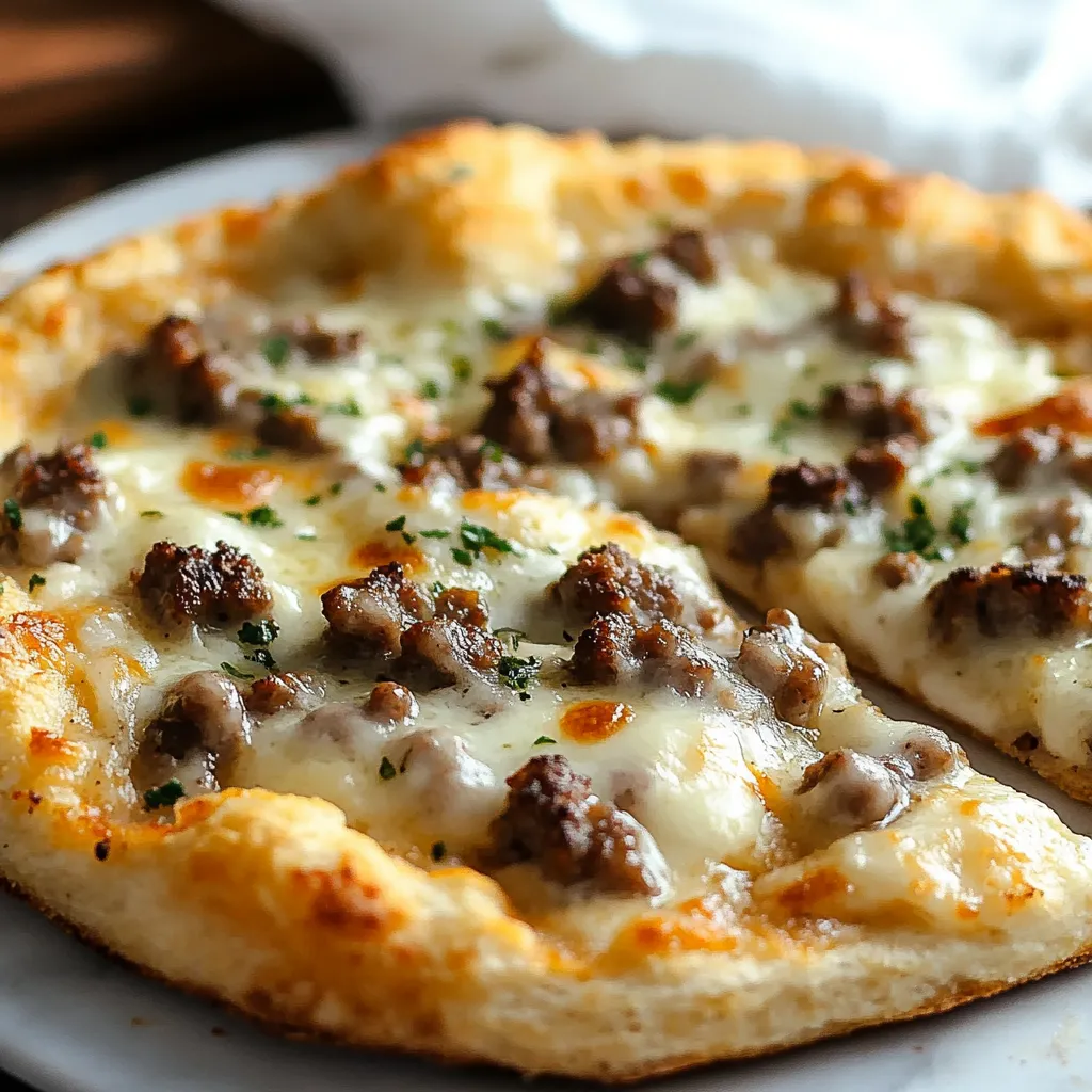 A mouthwatering morning pizza featuring layers of creamy sausage gravy on a biscuit-like crust.