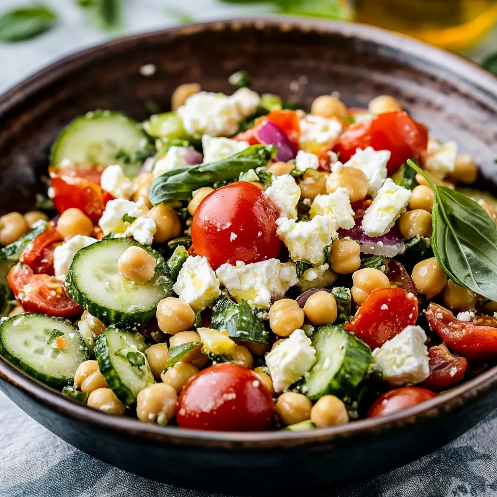 A colorful mix of chickpeas, chopped cucumbers, broken feta, and juicy tomatoes, ideal for a quick healthy option.